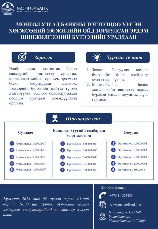 Монголбанкны нэрэмжит “Эрдэм шинжилгээний бүтээлийн уралдаан”-д оролцохыг урьж байна